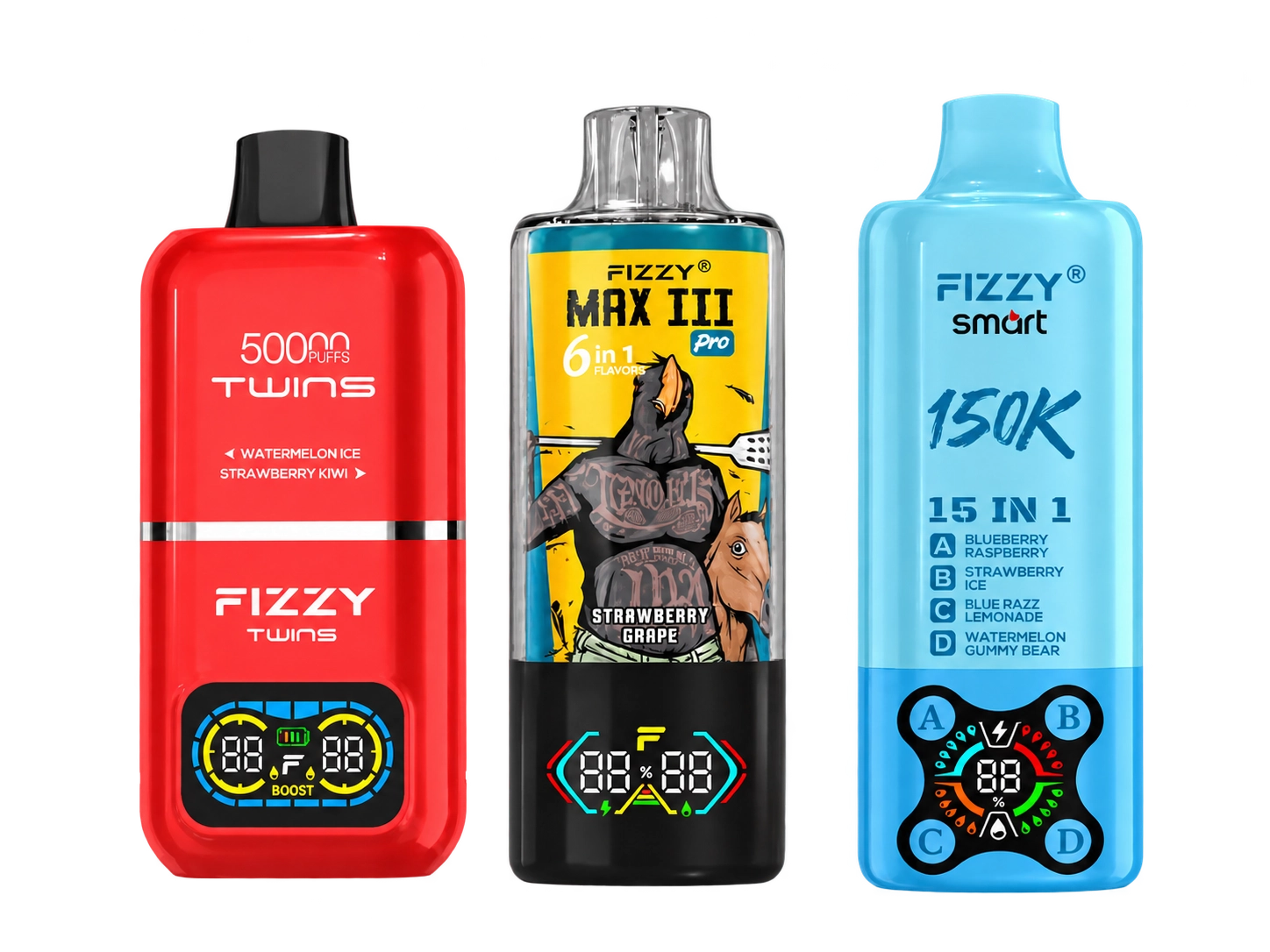 FIZZY TWINS, MAX III PRO and SMART multi-flavor vape devices.