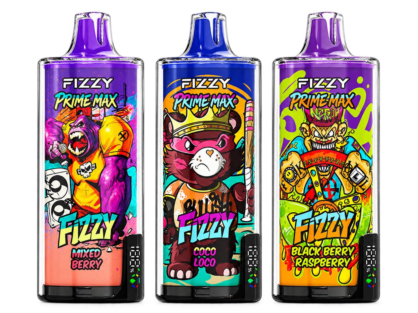 Three FIZZY PRIME MAX single-flavor disposable vapes with colorful designs.