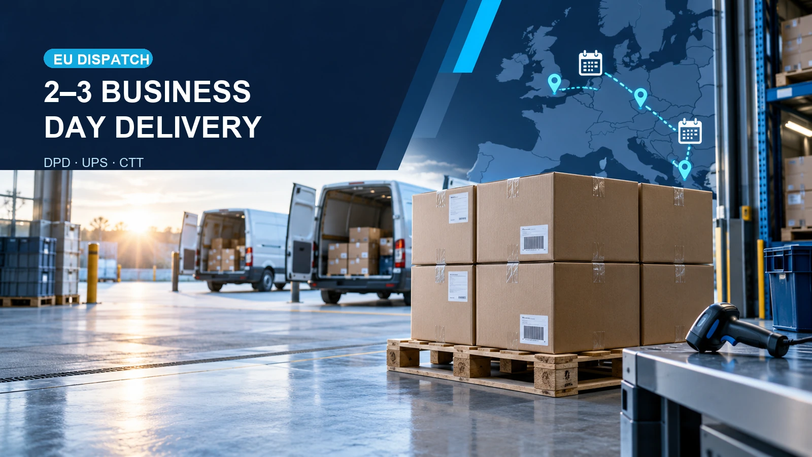 European vape wholesale warehouse dispatch with organised cartons and a 2–3 business day delivery target