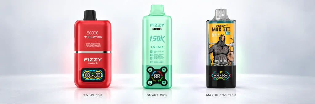 FIZZY multi-flavor device lineup featuring Twins 50K, Max III Pro 120K, and Smart 150K models.