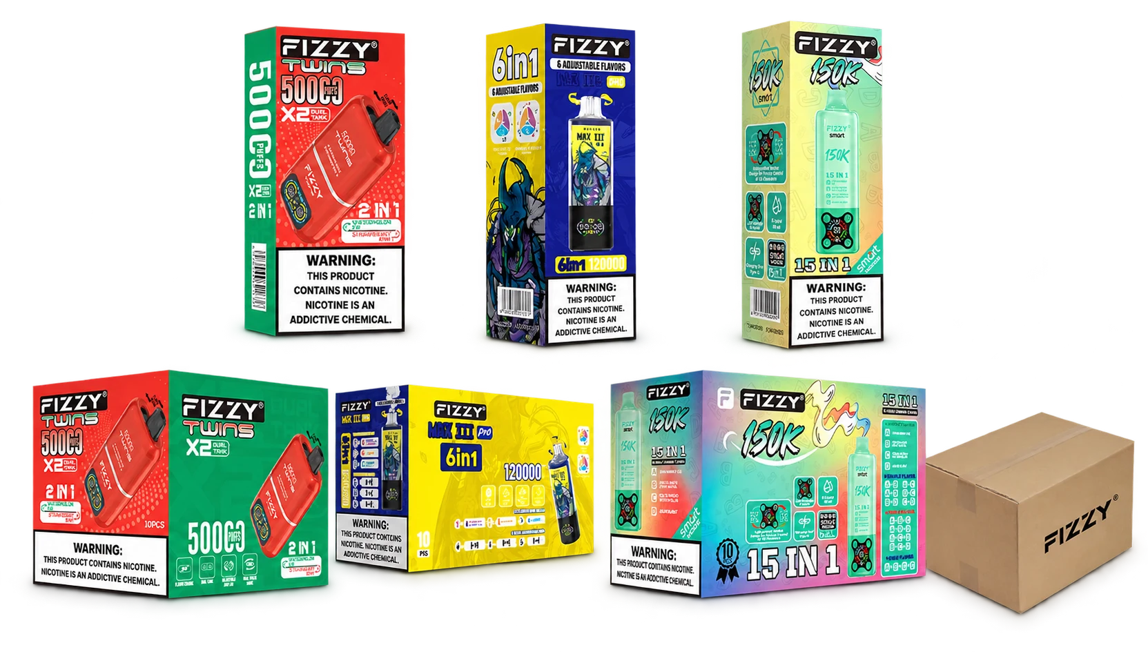 FIZZY retail boxes, 10-piece display boxes, and master carton packaging for multi-flavor product wholesale shipping.