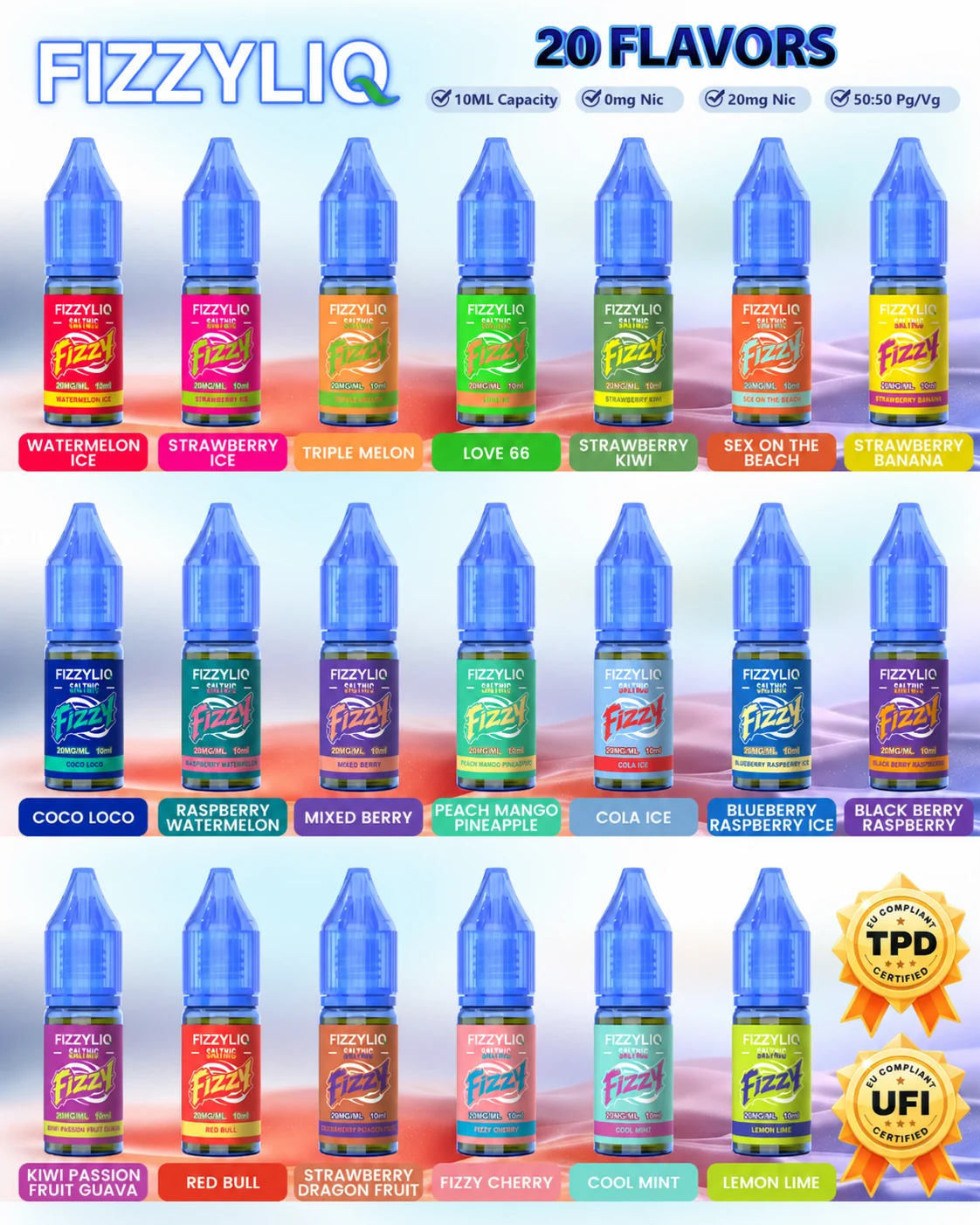 FIZZYLIQ 10ML e-liquid 20-flavor lineup