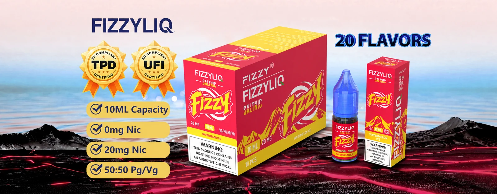 FIZZYLIQ 10ML e-liquid specifications and 10-piece wholesale packaging