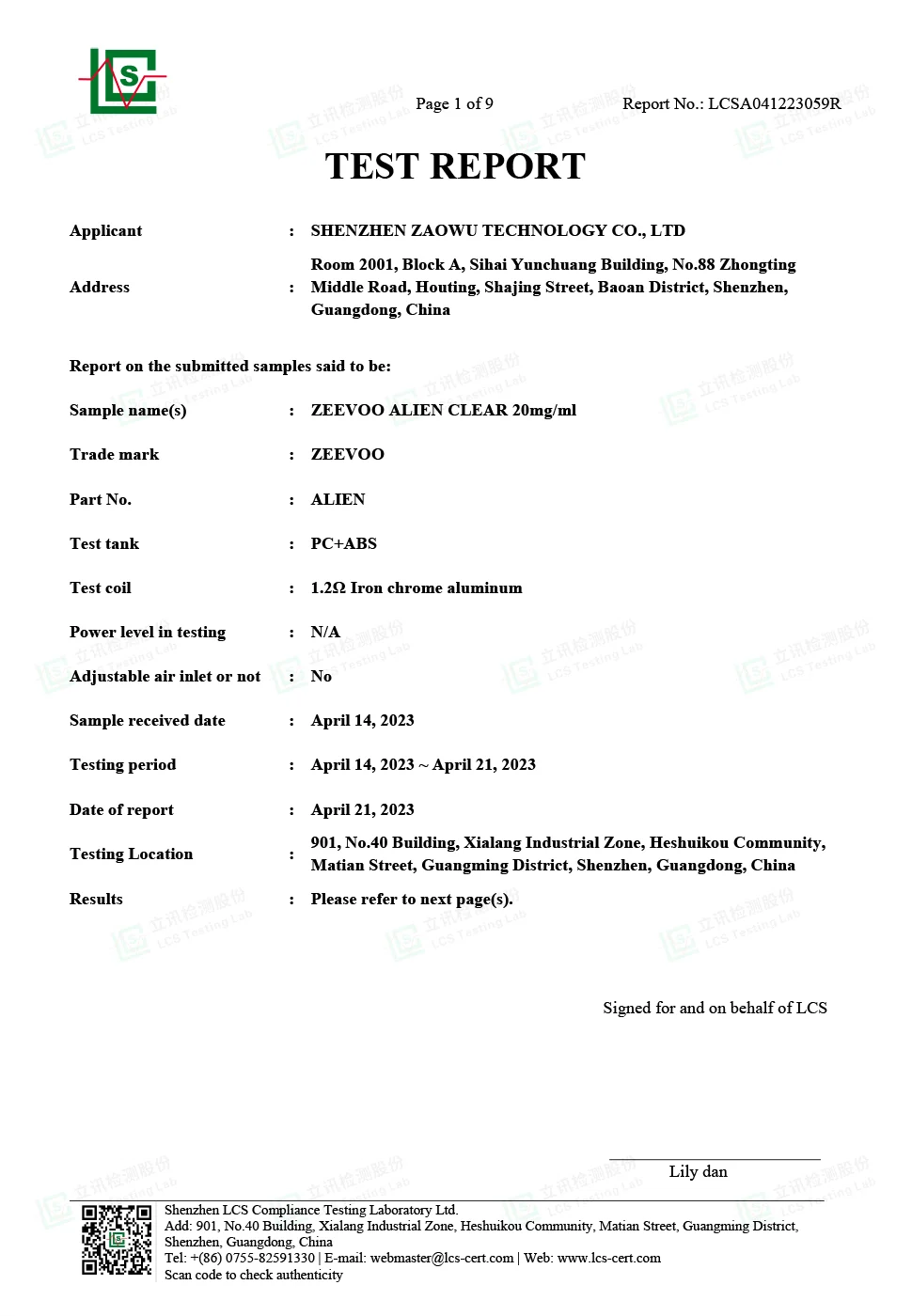 Supporting laboratory test report applicable to FIZZYLIQ 10ML e-liquid