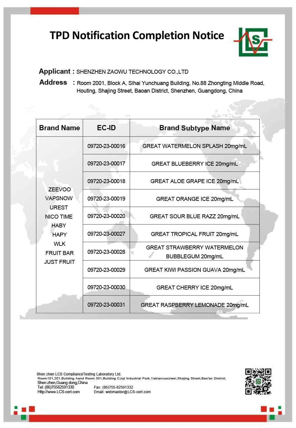 TPD notification completion notice applicable to FIZZYLIQ 10ML e-liquid, page 1