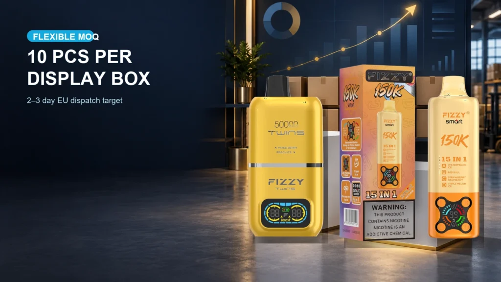 FIZZY TWINS 50K and SMART 150K shown for flexible 10-piece low-MOQ European wholesale ordering