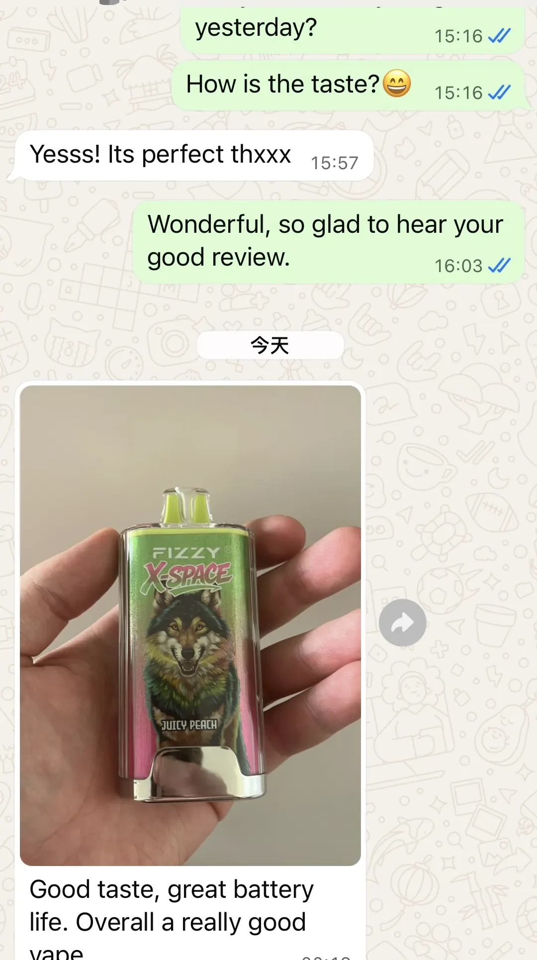 Anonymised Belgium customer feedback about FIZZY X-Space 100K taste and battery life